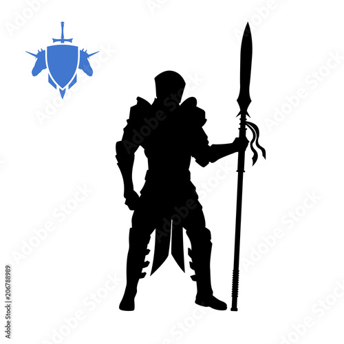 Black silhouette of medieval knight with spear . Fantasy character. Games icon of paladin with weapon. Isolated drawing of warrior