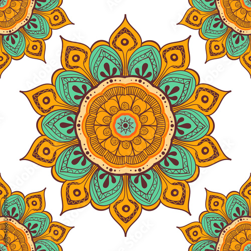 Flower mandala colorful background for cards, prints, textile and coloring books. Seamless pattern