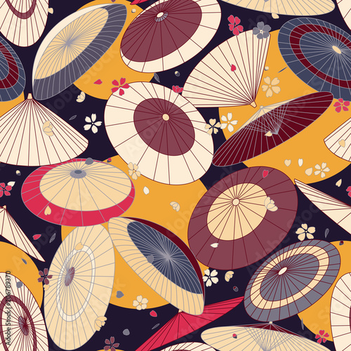 many Japanese traditional umbrellas and cherry blossom pattern. Bright, colored summer, spring Asian traditional print.