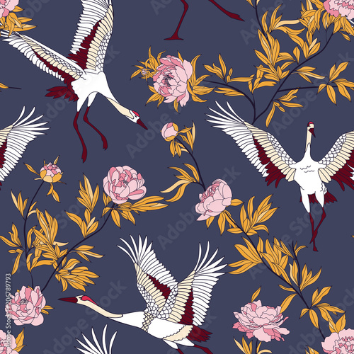 Seamless pattern with Japanese white cranes and peony, embroidered sequins