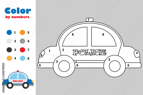 Police car in cartoon style, color by number, education paper game for the development of children, coloring page, kids preschool activity, printable worksheet, vector illustration