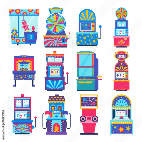 Game machine vector arcade gambling games in casino where gamesome gambler or gamer bet in gaming computer machinery illustration isolated on white background