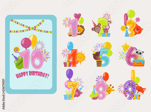 Birthday numbers vector cartoon anniversary birth balloon numbered icons birthdate party invitation card numeral 1, 2, 3, 4 and 5 year numbering template figure isolated badges illustration