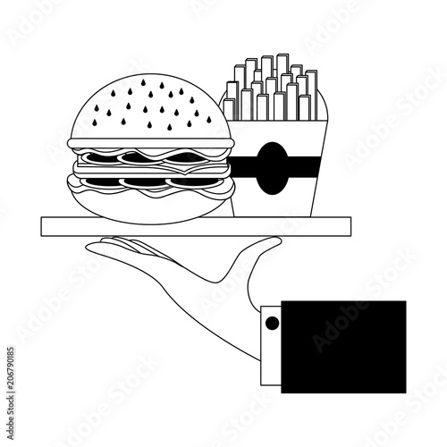 hand holding tray with burger and french fries vector illustration