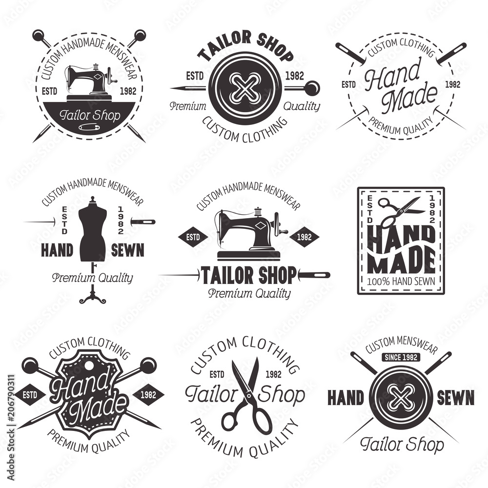Tailor shop vector black emblems, labels, badges