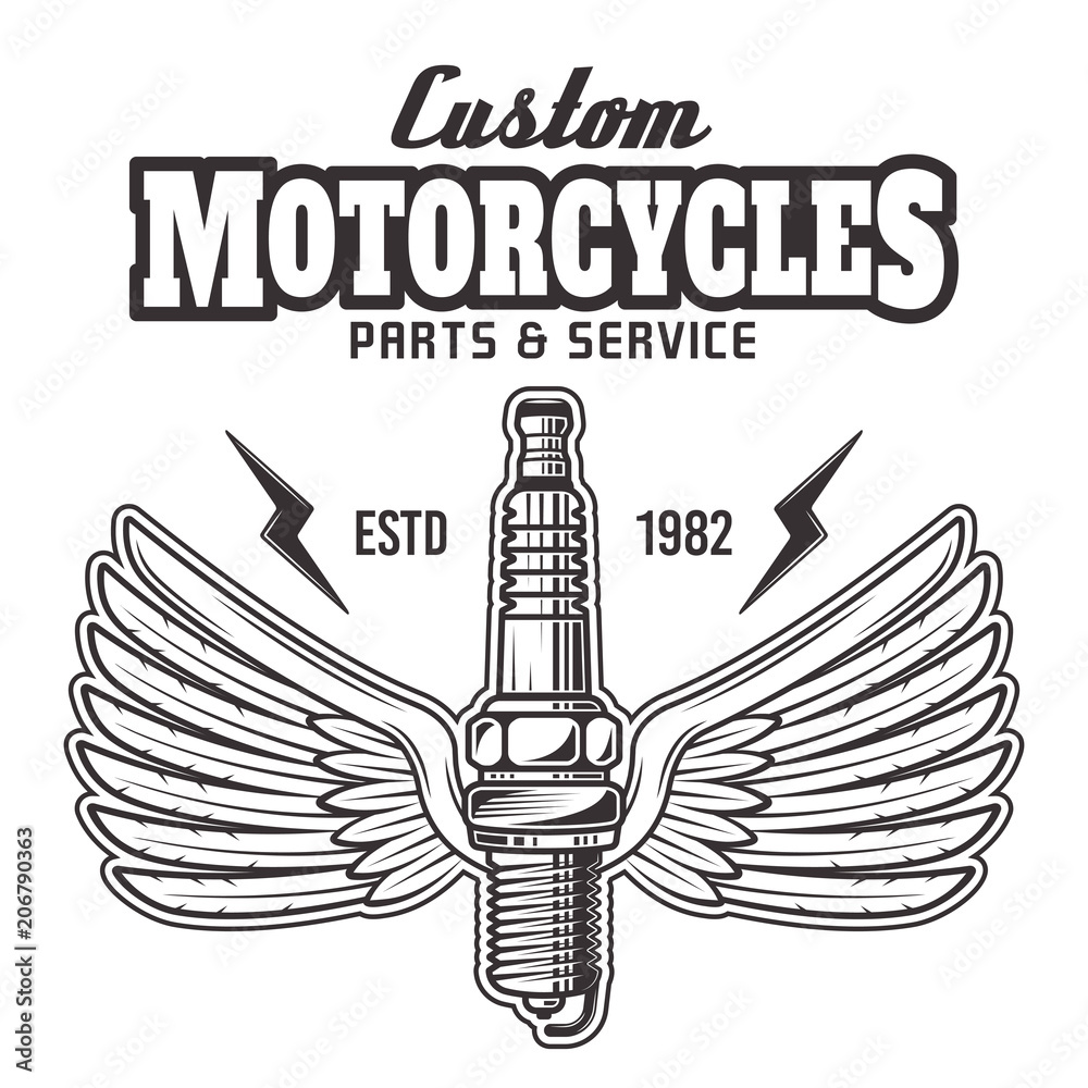 Spark plug with wings and text vector illustration