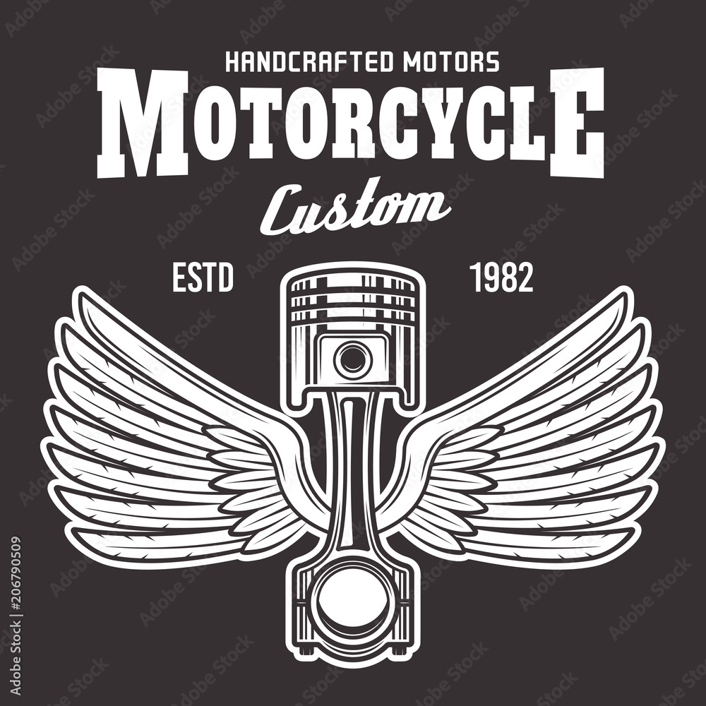Piston with wings and text on dark background Piston with wings and text on dark background