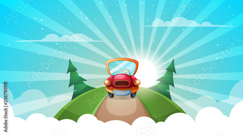 Summer cartoon landscape. Car, road illustration Vector eps 10