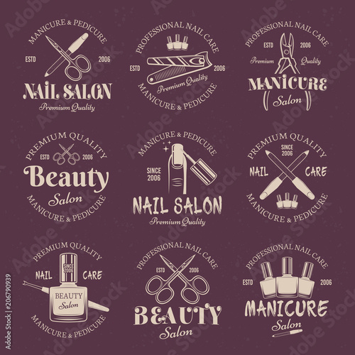 Manicure salon set of vector colored emblems