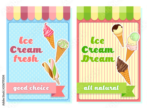 Ice cream poster. Brightly colored ice cream, waffle cones, popsicles on a beautiful background. Cartoon illustration for web, advertising, banner, poster, flyer, business card. Vector illustration.