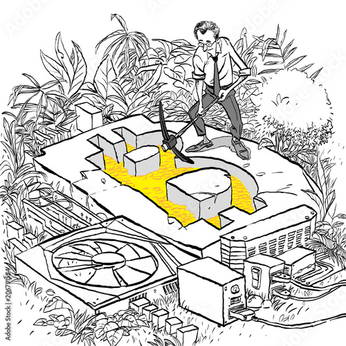 Cryptocurrency concept with businessman miner. Man with shovel and pickaxe working in bitcoin mine