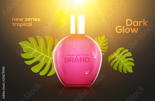 Cosmetic perfume tropic bottle design template. Summer beauty advertising female spray container perfume