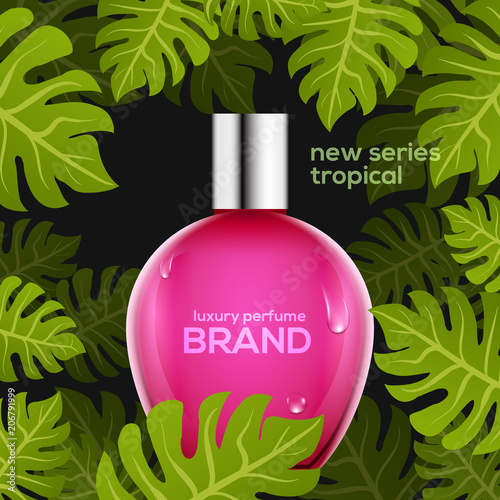 Cosmetic perfume tropic bottle design template. Summer beauty advertising female spray container perfume photo