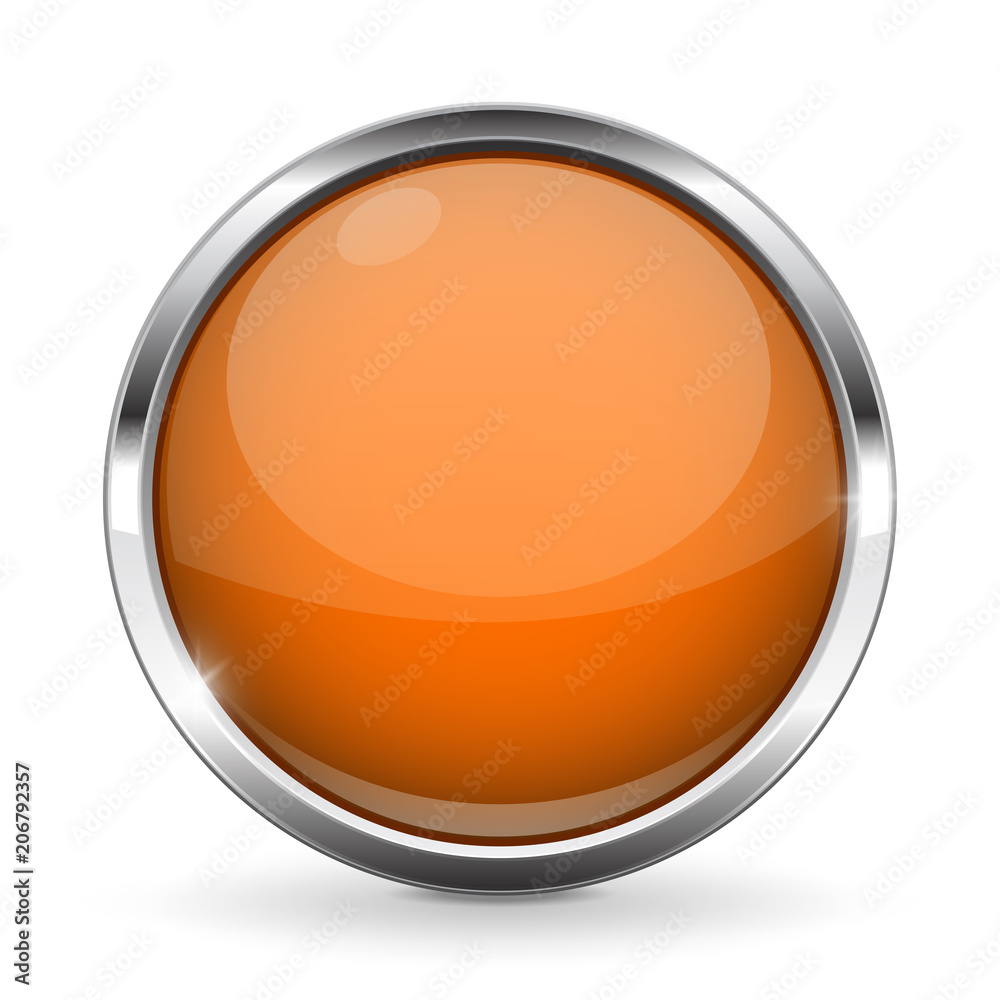 Orange button with chrome frame. Round glass shiny 3d icon Orange button with chrome frame. Round glass shiny 3d icon