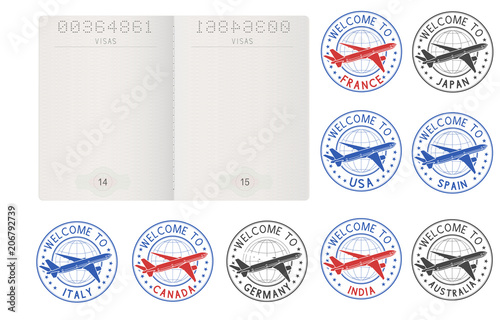 Blank passport pages and decorative travel stamps