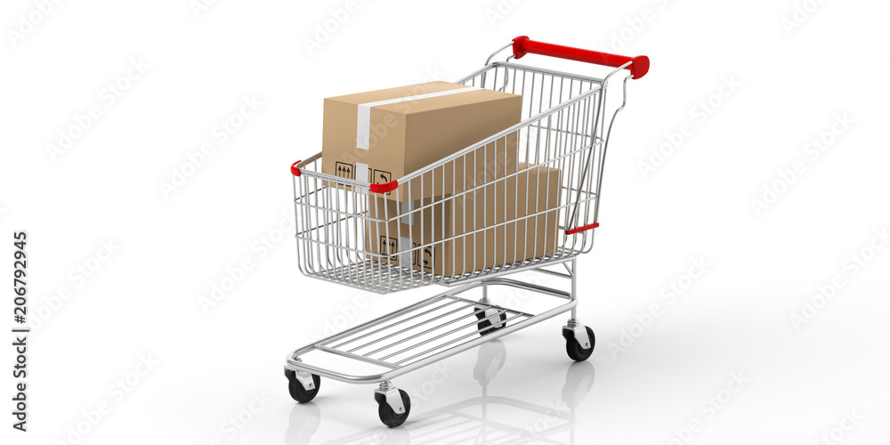 Boxes closed in a shopping cart isolated on white background. 3d illustration