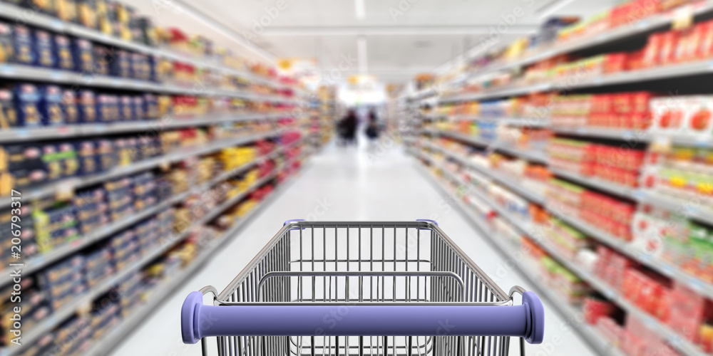 Shopping trolley, empty, with blue handle on blur supermarket aisle background. 3d illustration Shopping trolley, empty, with blue handle on blur supermarket aisle background. 3d illustration