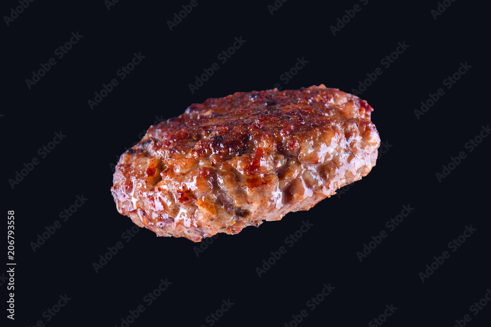 Fried fresh large beef burger isolated on white background. Grilled burger cutlet isolated on black Fried fresh large beef burger isolated on white background. Grilled burger cutlet isolated on black