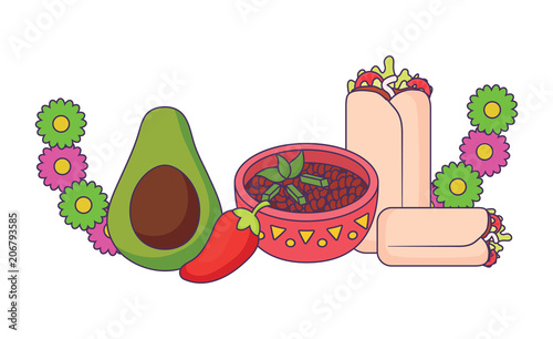 decorative wreath of flowers with mexican food over white background, vector illustration