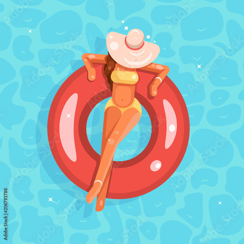 Swimming pool female girl broad-brim hat swim ring flat design vector illustration