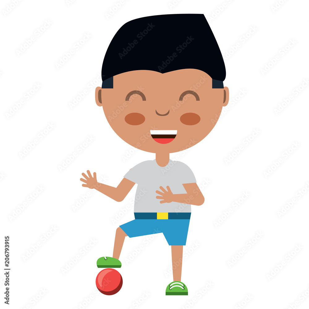 cartoon boy playing with a ball over white background, colorful design. vector illustration