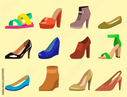 Womens shoes vector flat fashion design collection of leather colored moccasins shoes sandals illustration