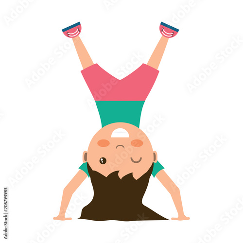 cartoon girl standing upside down over white background, colorful design. vector illustration