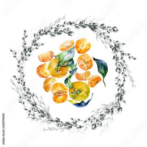 Fototapeta Naklejka Na Ścianę i Meble -  Festive, spring, fruit, berry, forest, meadow, field, village wreath. Watercolor. Graphic arts. Illustration