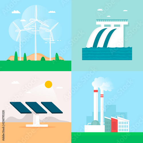 Wind energy, hydroelectric power, solar energy, earth heat, plant. Flat design vector illustration.
