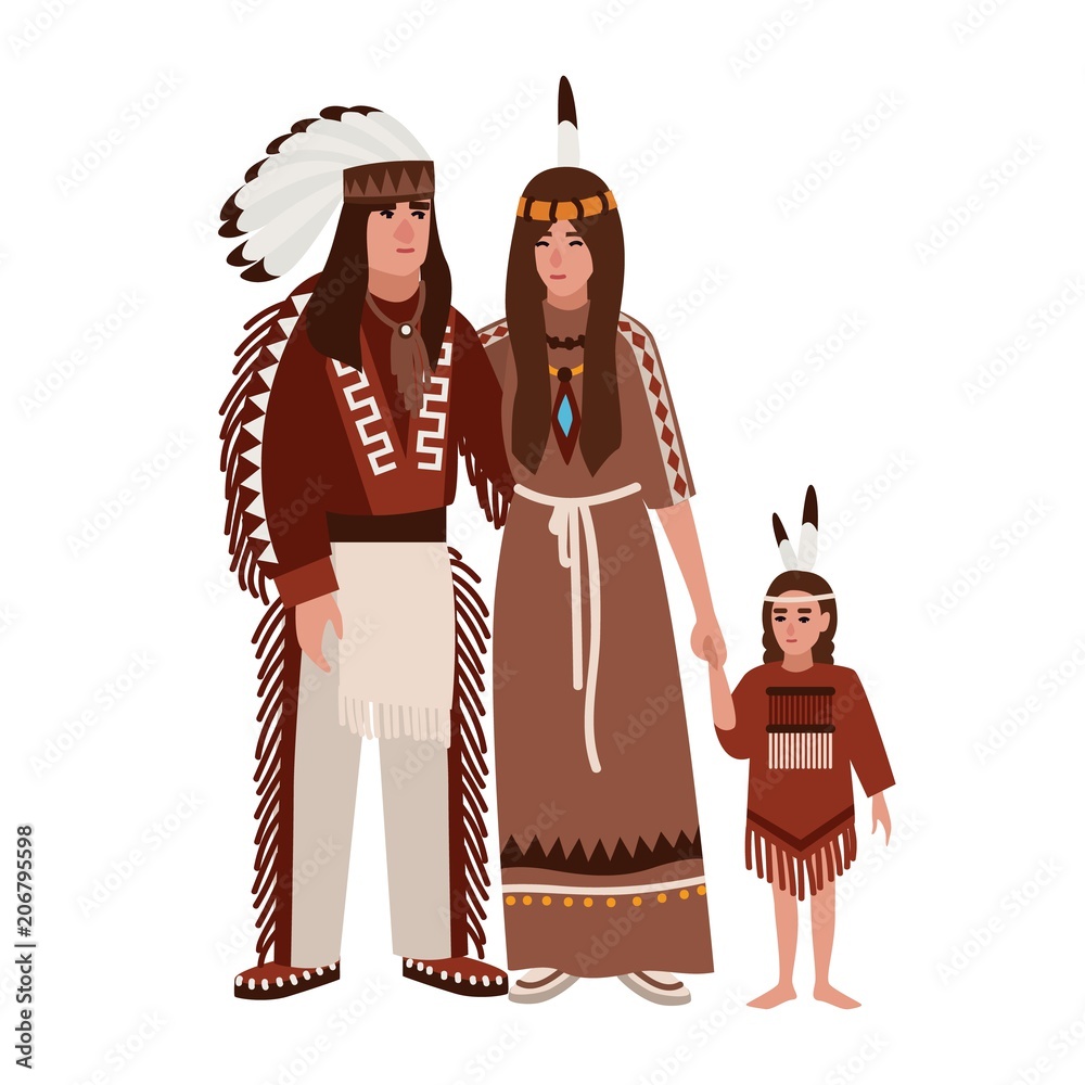 Family of American Indians. Mother, father and daughter dressed in ethnic  tribal clothes standing together. Indigenous peoples of America. Cute  cartoon characters. Vector illustration in flat style. Stock Vector | Adobe  Stock