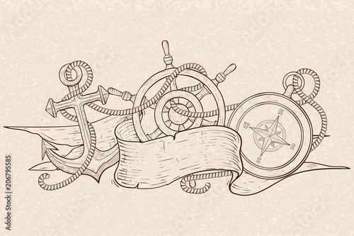 Anchor, steering wheel and compass, tangled with rope and ribbon banner. Hand drawn sketch on beige background