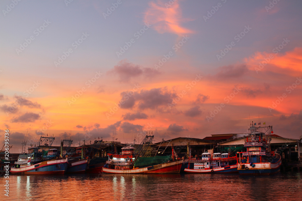 fishing wooden boat on shore sea  outdoor sunset  background