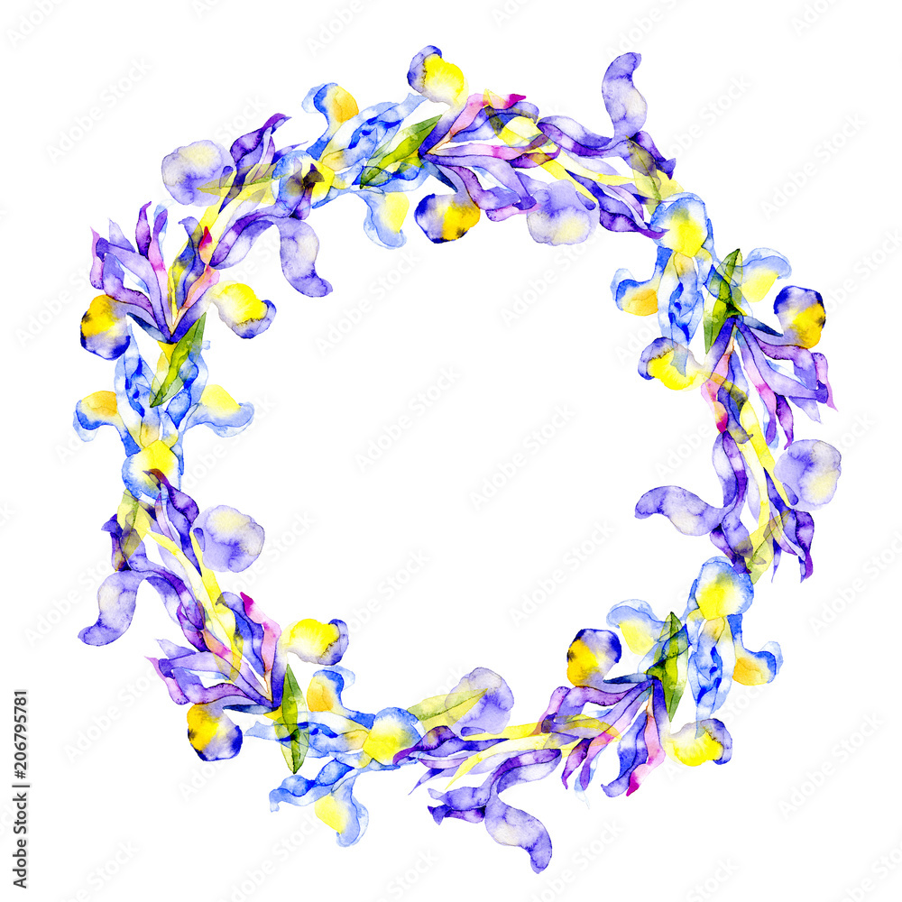 Festive, fruitful, vegetable, berry, floral wreath of irises and a red, ripe cherry. Watercolor. Illustration Festive, fruitful, vegetable, berry, floral wreath of irises and a red, ripe cherry. Watercolor. Illustration