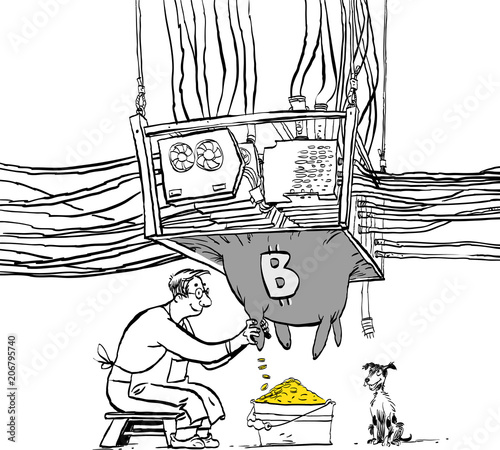 Cryptocurrency concept with businessman miner. Man milking bitcoin machine
