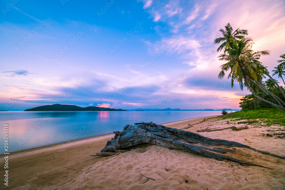 Beautiful tropical beach and sea with coconut palm tree at sunrise time Beautiful tropical beach and sea with coconut palm tree at sunrise time