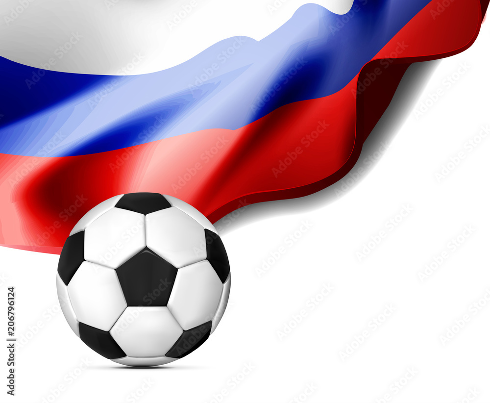 Flag of Russia with a football on the background