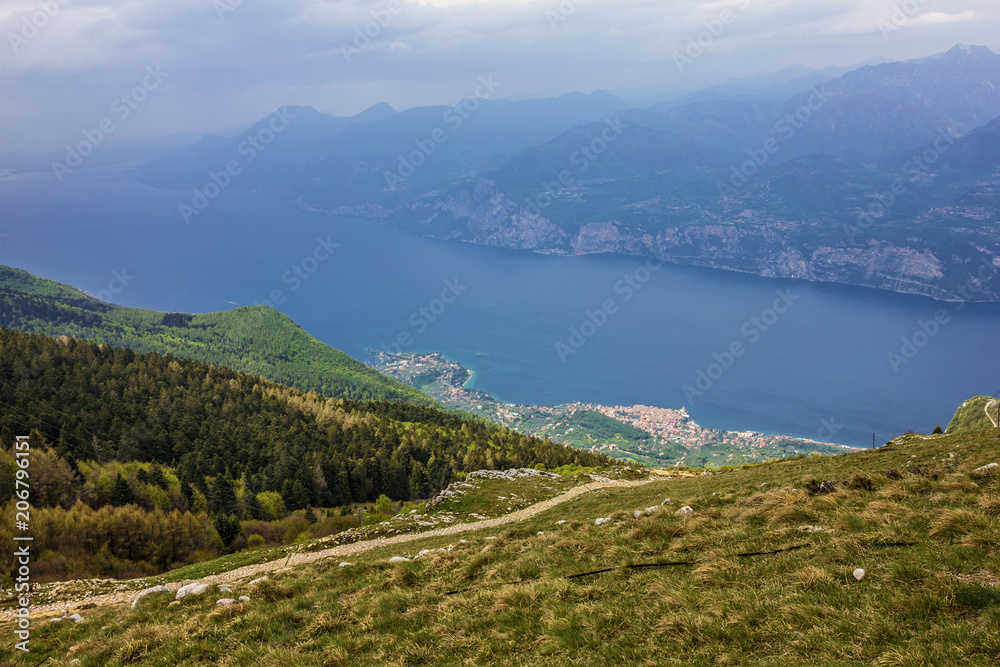 Italy, Malcesine. Garda lake panorama. Monte Baldo mountain