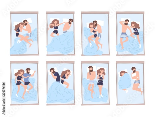 Collection of young man and woman sleeping on bed in various poses. Bundle of cute couple lying in different postures during night rest. Flat cartoon characters. Colorful vector illustration.