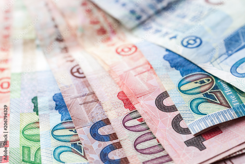 Hong Kong dollars, colorful banknotes macro
