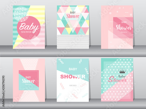  Set of baby shower card on retro pattern design,vintage,poster,template,greeting,Vector illustrations 