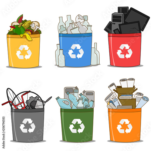 Colorful recycle bin organic, glass, e-waste, paper, plastic and metal. recycle concept