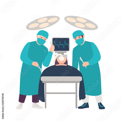 Two surgeons or physicians holding scalpels performing surgical operation on lying patient isolated on white background