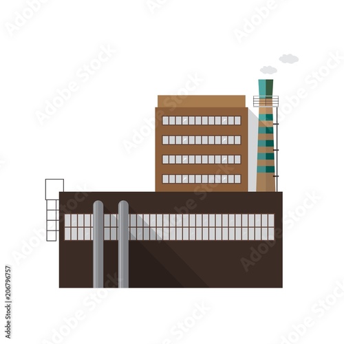 Modern industrial factory building with pipe emitting smoke isolated on white...