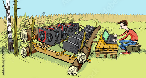 Private mining farm, Cryptocurrency concept with businessman miner. Man mining cryptocurrency