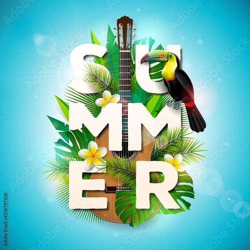 Vector Summer Holiday typographic illustration with toucan bird, acoustic guitar and flower on tropical plants background. Design template with green palm leaf for banner, flyer, invitation, brochure