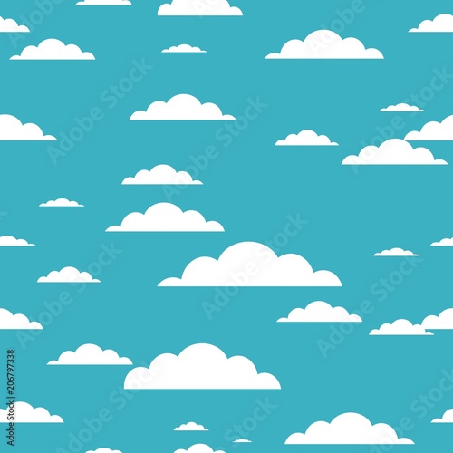 Cloud seamless pattern on blue background. Vector illustration.