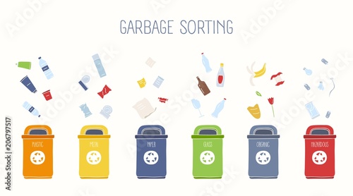 Horizontal banner with trash containers and various types of rubbish on white background - plastic, metal, glass, paper, organic, hazardous litter. Garbage sorting and recycling. Vector illustration.