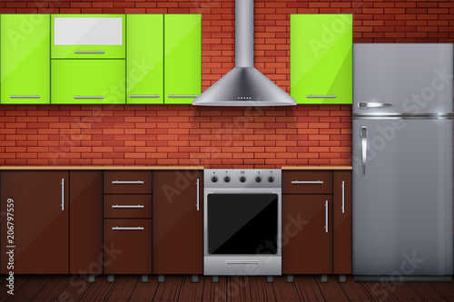 Typical modular kitchen. Brick wall and cabinets with kitchen hoods and silver friedge freezer. Sample of domestic architecture. Vector Illustration
