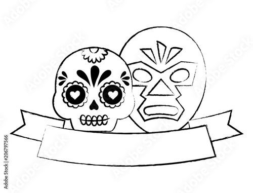decorative ribbon with sugar skull and wrestler mask over white background, vector illustration