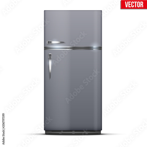 Modern Fridge Freezer refrigerator in silver color. Household tech and appliances. Vector Illustration isolated on white background.